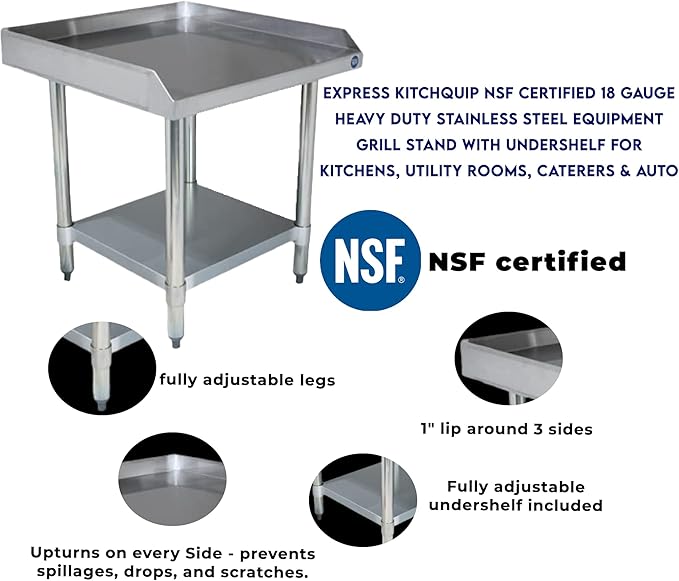 Stainless Steel Equipment Grill Stand with Adjustable Undershelf | Heavy Duty 18-Gauge Top | NSF Certified for Commercial Kitchen &amp Utility Use (24x24)