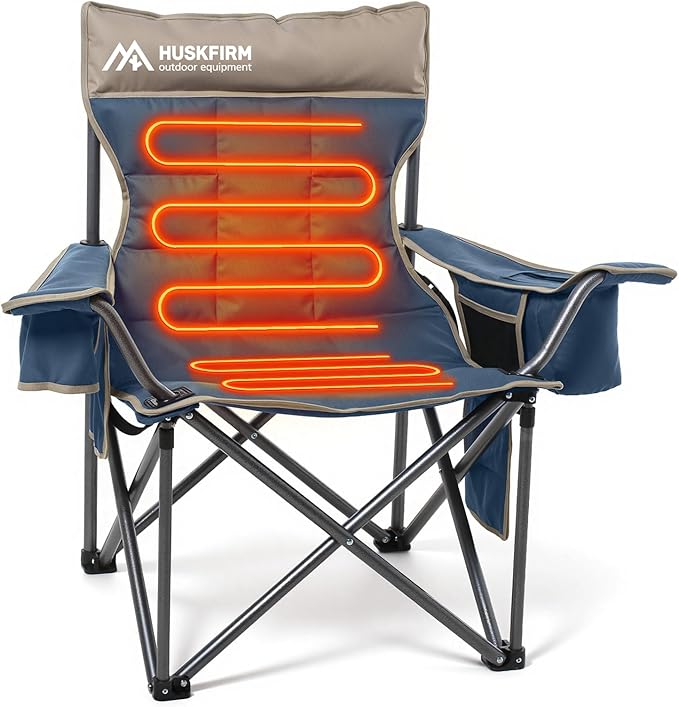 Heated Camping Chair Extra Wide Heated Chair Heavy Duty Heated Camp Chair Supports 450 lbs Heated Lawn Chairs for Adults with Cup Holder Cooler Side Pocket (Power Bank not Included)