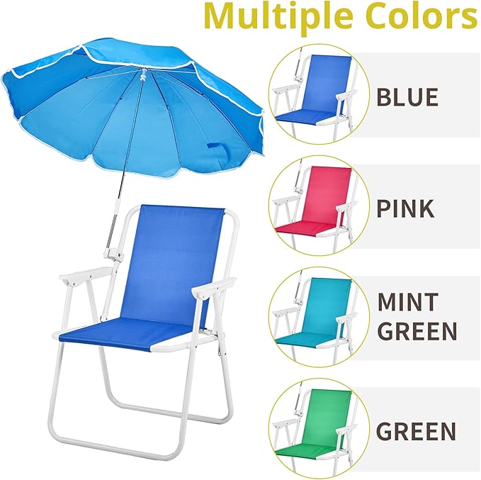 Folding Beach Chair with Umbrella Portable Heavy Duty Camping Chair for Adults Lightweight High Back Chair with Detachable Sun Shade Supports 265lbs for Beach Park Travel Outdoor (Blue)