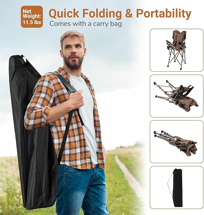 Goplus Folding Camping Chair 400 LBS Support Lawn Chair w/Armrests with Covers Cup Holder &amp Storage Pocket Adjustable Feet Portable Camp Chair with Carrying Bag for Fishing Hunting Picnic (2)