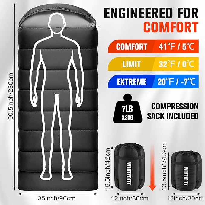 0 Degree Sleeping Bag for Adults XXL Big and Tall 4 Season Cold Weather Winter Camping with Compression Sack
