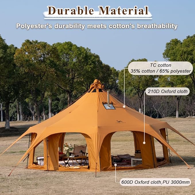TOMOUNT Canvas Bell Tent Wall Tent with Stove Jack for Camping Glamping Yurt Dia.16.4ft*9.2ft
