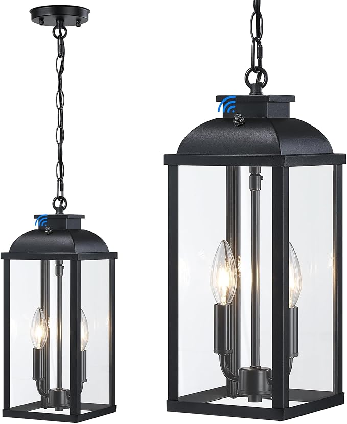 Large Outdoor Pendant Light 2-Light 15.8 Dusk to Dawn Exterior Hanging Lights Fixture with Clear Glass Modern Black Outdoor Chandelier for Gazebo Porch Patio Front Door