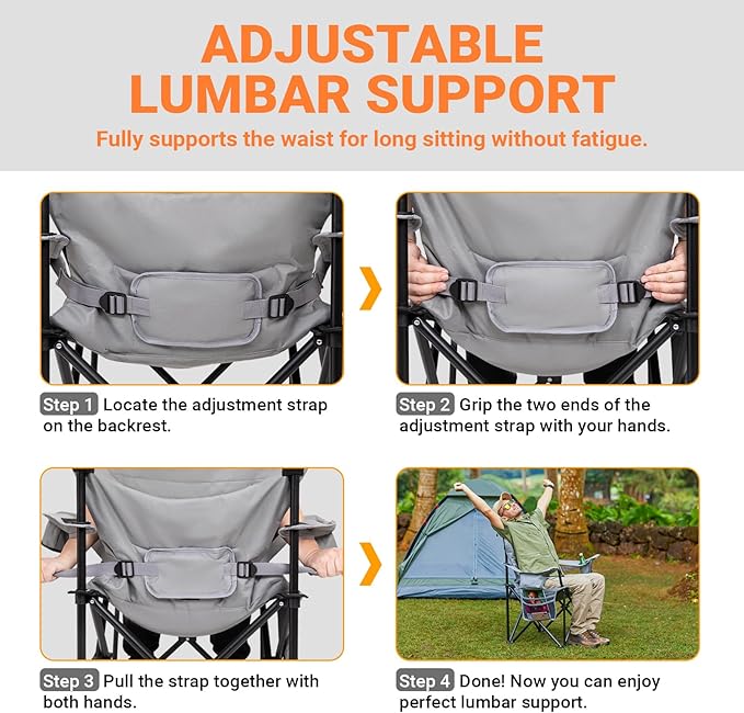 KingCamp Oversized Camping Folding Chair with Lumbar Support Heavy Duty Ergonomic Padded Arm Chair with Cooler Bag Cup Holder Portable for Outdoor