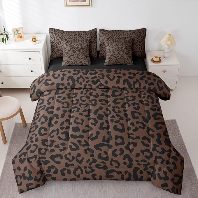 jejeloiu Brown Black Leopard Comforter Set with SheetsPillowcases &amp Cushion Cover Kids Animal Print 7 Piece Bedding Set Twin Size Safari Bed in a Bag for Women Men Room Decor Microfiber Cheetah
