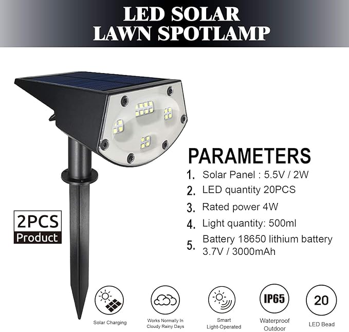 WBM Smart Solar Spot Lights OutdoorIP65 Waterproof 20 LEDs Solar Landscape Spotlights Solar Powered Wall Lights Best for Gift | 2Pcs | Black (Pack of 1)
