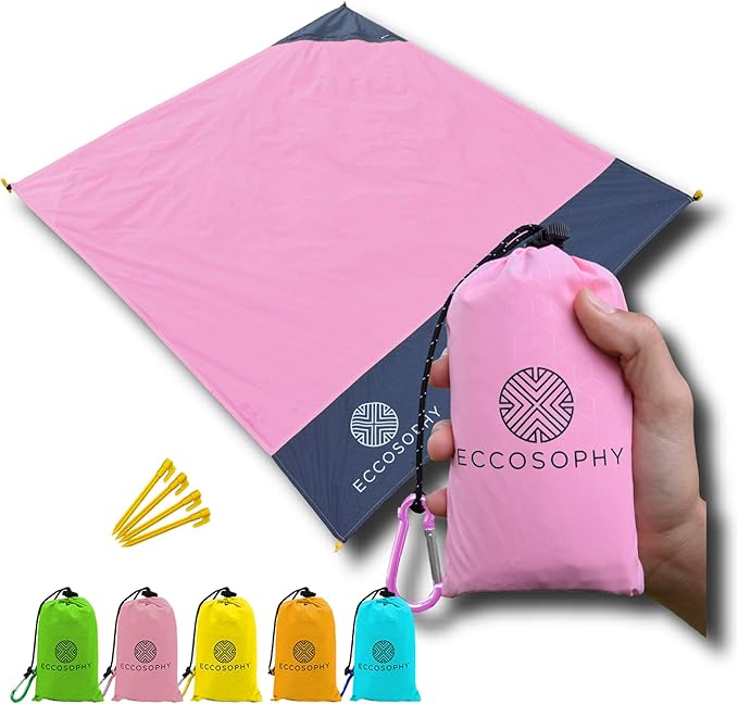 ECCOSOPHY Sand Proof Beach Blanket - Waterproof Picnic Blanket 60x55 Outdoor Compact Pocket Blanket Lightweight Ground Cover for Hiking Camping Festivals Sports Travel with Bag &amp Stakes (Pink)
