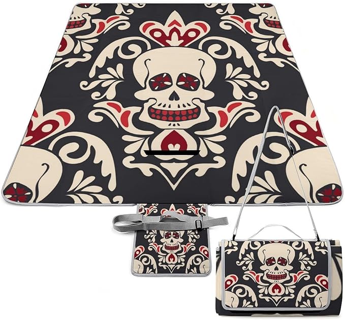 Vintage Halloween Black Victorian Gothic Skull Damask Waterproof Outdoor Picnic Blanket Sandproof Beach Mat for Camping Hiking Grass Travelling