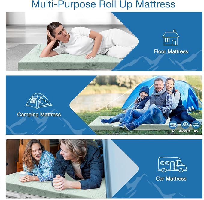 KingChii CertiPUR-US Memory Foam Camping Mattress Portable Roll Up Travel Car Camping Mattress Sleeping Pad &amp Floor Mattress Cot Mattress Guest Bed for Sleepover with Waterproof Cover &amp Trav