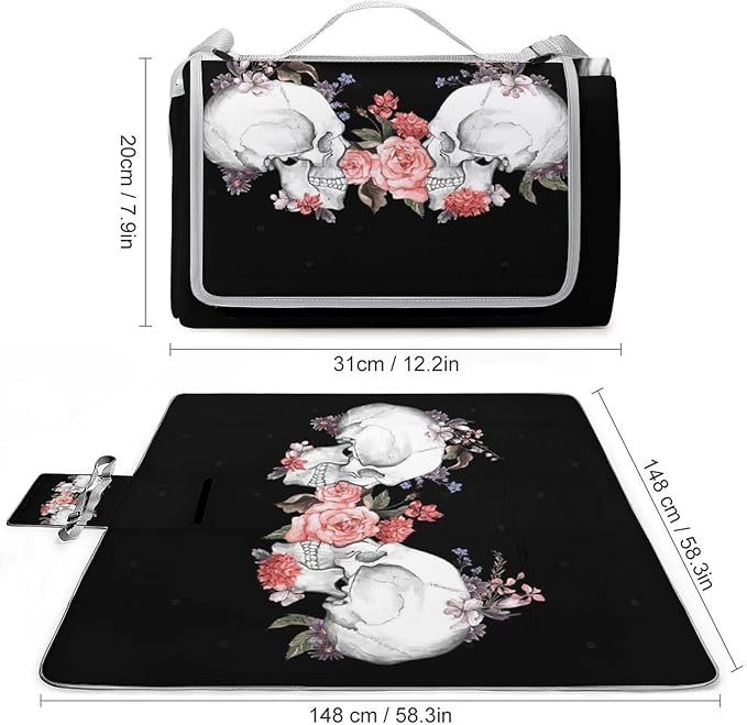 Vintage Halloween Black Victorian Gothic Skull Damask Waterproof Outdoor Picnic Blanket Sandproof Beach Mat for Camping Hiking Grass Travelling