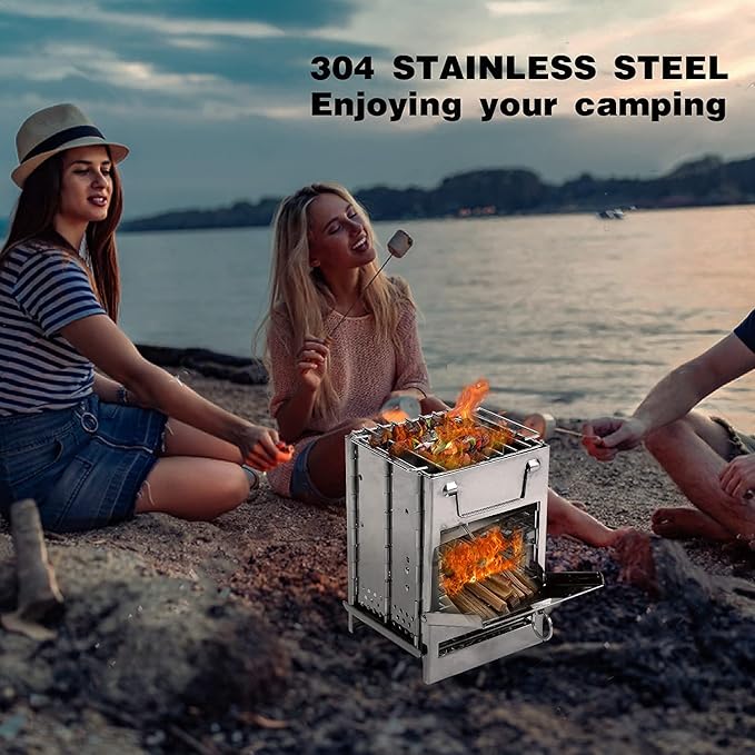 REDCAMP Wood Burning Folding Camp Stove Stainless Steel Grill Portable Collapsible Backpacking Stove Survival Rocket Stove for Hiking Outdoor Tent Camping Picnic BBQ Samll