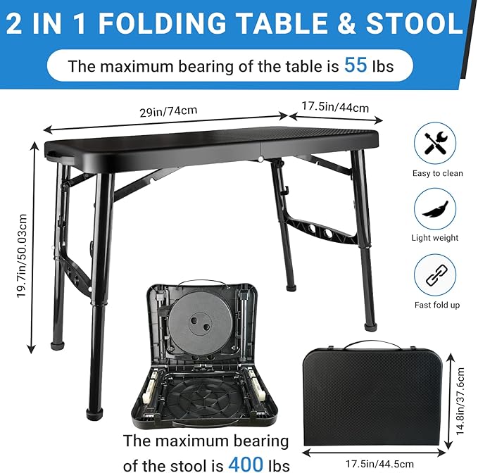 Portable Folding Table and Stool Set Lightweight Foldable Table &amp Collapsible Stool for Camping Picnic Beach Fishing Sturdy Small Outdoor Table with Mesh Layer Storage