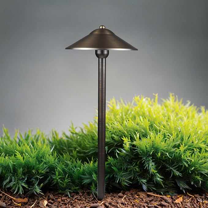 DOSHINE® Solid Brass Low Voltage Landscape Lighting Pathway Lights (9 Shade 22 Tall) with Replaceable 3W G4 LED Bulb 3000K AC/DC 12V and Ground Stake for Outdoor Walkway Driveway (UFO 6-Pack)