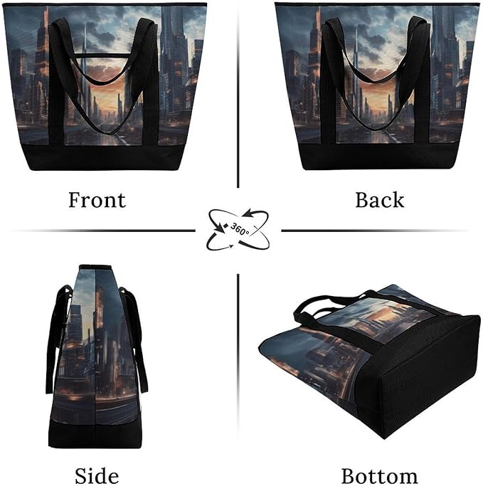 Insulated Shopping BagLarge Reusable Cooler Bags City Scape Printed Foldable Shopping BagTravel Waterproof Shoulder Bag