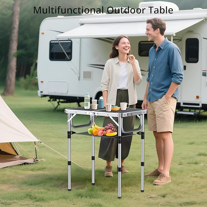 Anbte Folding Camping Table Aluminum 24 x 16 Adjustable Height Small Folding Table with Carrying Handle Lightweight Portable Camping Table Waterproof for Outdoor Indoor Picnic Beach BBQ (Black)