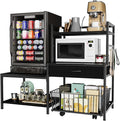 Bakers Rack with Mini Fridge Stand &amp Microwave Shelf – Coffee Bar with Drawer Rolling Basket Storage &amp Hooks – Heavy Duty Kitchen Organizer for Apartments Dorms &amp Living Rooms Black