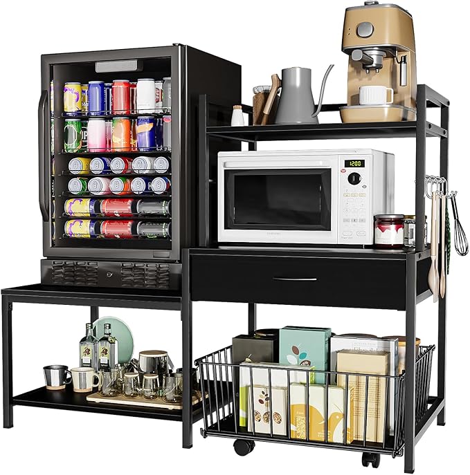 Bakers Rack with Mini Fridge Stand &amp Microwave Shelf – Coffee Bar with Drawer Rolling Basket Storage &amp Hooks – Heavy Duty Kitchen Organizer for Apartments Dorms &amp Living Rooms Black