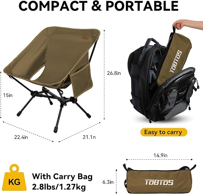 TOBTOS Portable Camping Chair Support up to 330 LBS Lightweight Folding Backpacking Chair for Outdoor Camp Travel Beach Picnic Hiking Backpacking (Khaki)