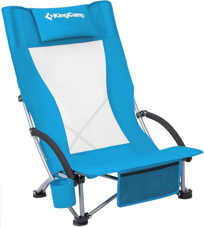KingCamp Low Beach Chair High Back Folding Camping Chair for Adults Oversized Breathable Mesh Seat 300lbs Heavy Duty Portable Chair with Cup Holder &amp Storage Pockets for Beach Outdoor