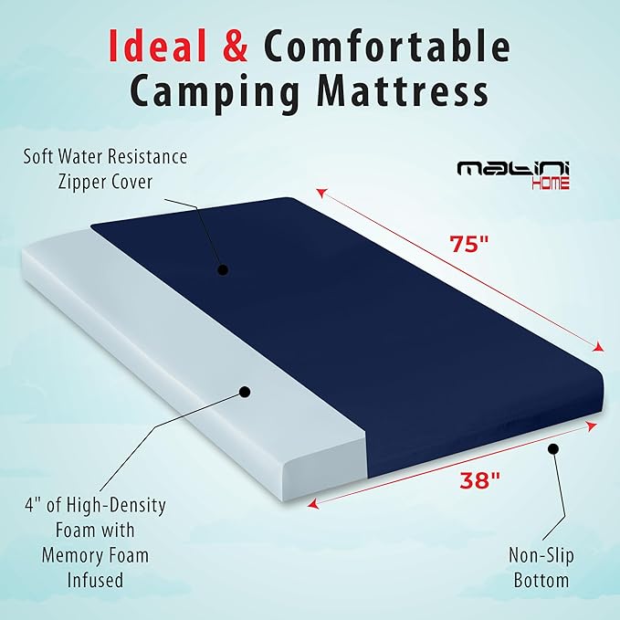 Memory Foam Roll-Up Camping Mattress with Water Resistant Zipper Cover Foldable and Portable for Camping RV Bunk Tent Guest Bed Outdoor and Dorm