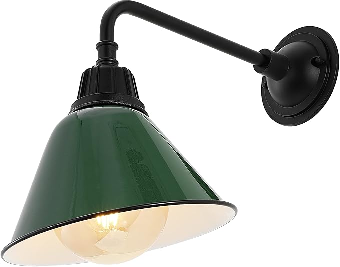 JONATHAN Y 9.63 Green/Black 1-Light Farmhouse Outdoor Sconce Industrial LED Wall Light Gooseneck Arm Barn Lamp with Metal Bell Shade for Porch Patio Kitchen LED Bulb Included (JYL7612F)
