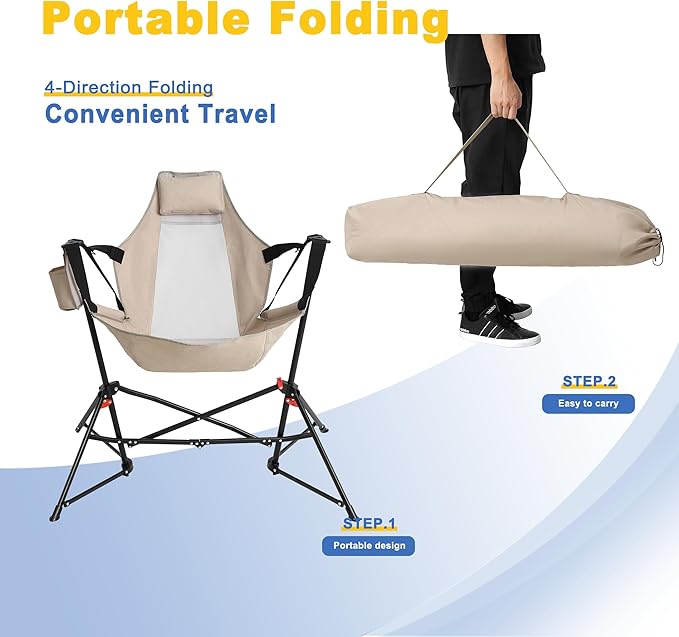 Hammock Camping Chair Portable Chairs with Pillow Cup Holder and Carry Bag Lightweight Foldable Chair for Outside Camping Hiking Travel Beach and Sports (Khaki)