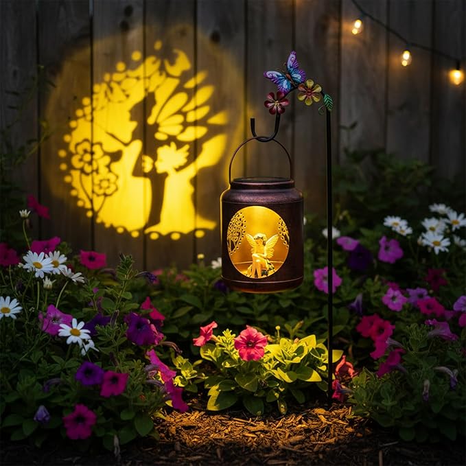 Metal Solar Lantern with Fairy Patterns &amp Resin Fairy Statue Inside Garden Decor Gifts for Women Mom Grandma Hanging Solar Lights Decoration Outside for Yard Patio Porch(Shepherds Hook Included