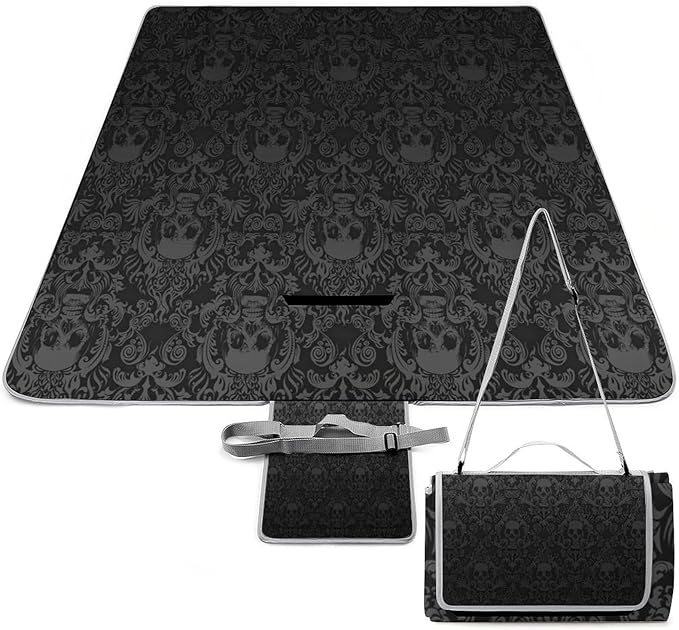 Gothic Skulls Damask Style Black White Waterproof Outdoor Picnic Blanket Sandproof Beach Mat for Camping Hiking Grass Travelling