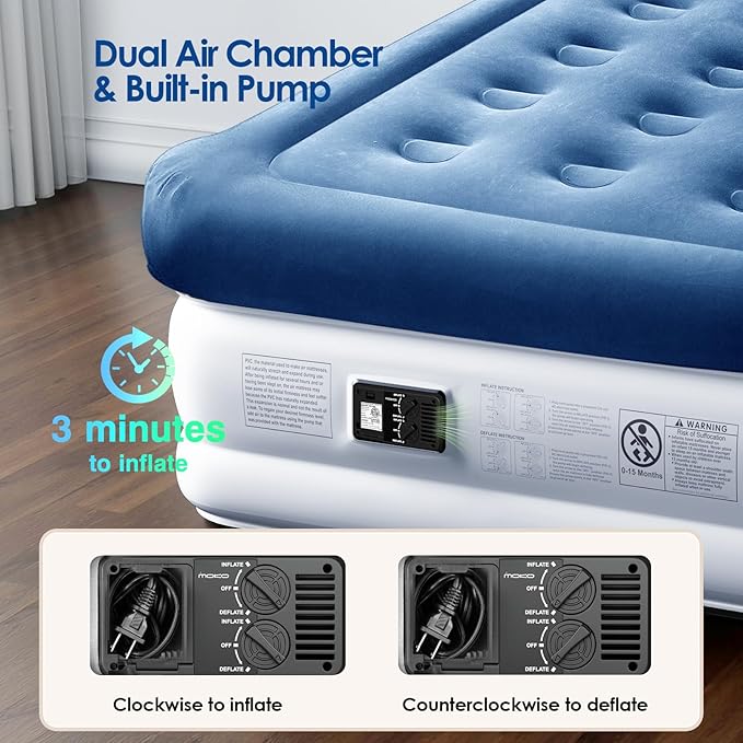 MoKo Air Mattress Queen with Built in Pump 18'' Luxury Inflatable Mattress 3 Min Fast Blow up Mattress with Dual-Chamber Comfort Top - Velvety Air Bed for Home Camping Travel Guests White/Blue