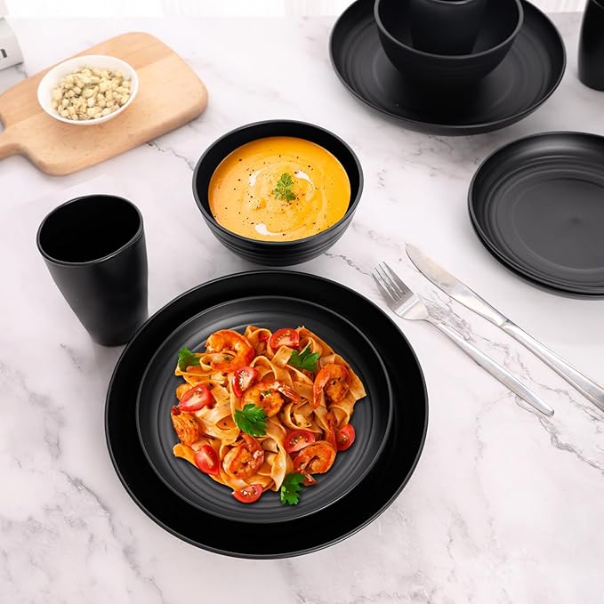Black Plates and Bowls Sets for 8Wheat Straw Dinnerware Sets Black Plastic Reusable Dishwasher Safe for Kitchen Halloween Camping32 Pcs Lightweight Unbreakable Plastic Dishes Set Outdoor