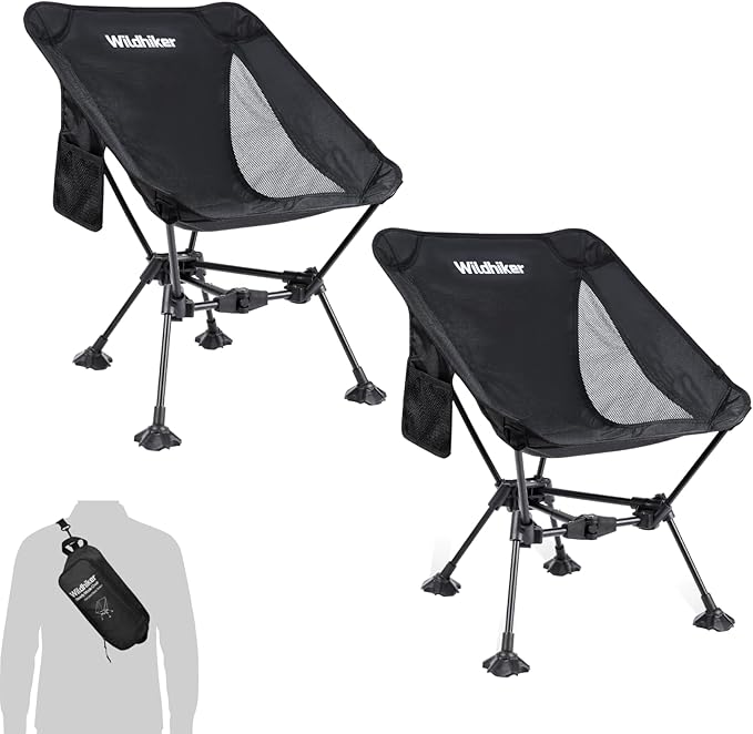 Wildhiker Ultralight Backpacking Chair – Compact Camping Chairs for Adults with Pouch Weighs 2.8 lbs with Anti-Sinking Large Feet for Beach Hiking Motorcycle Travel Festival – Black 2pcs