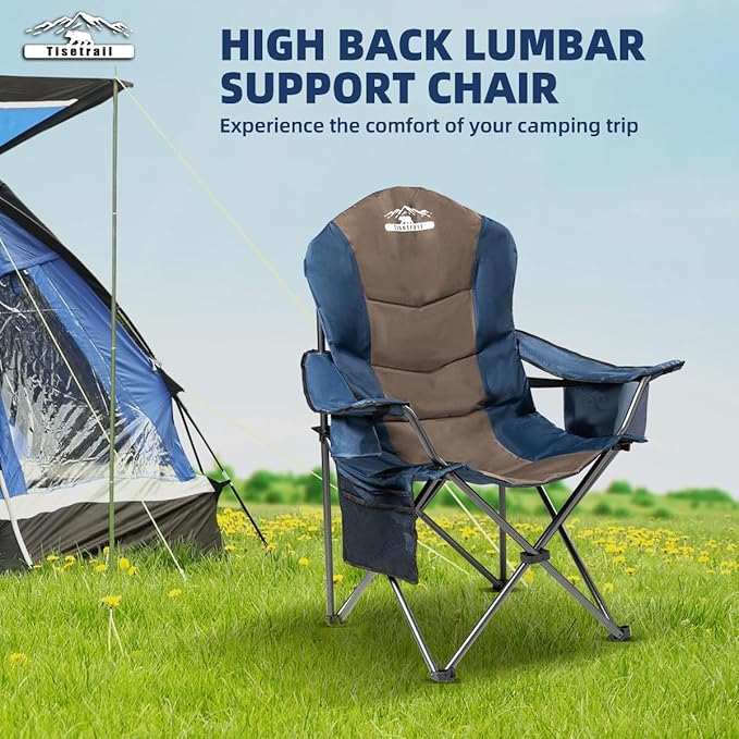 2 Pack Folding Camping Chairs Set of 2 for Adults High Back Padded Lawn Chairs Portable Outdoor Camp Chairs 400lbs CapacityBlue &amp Brown