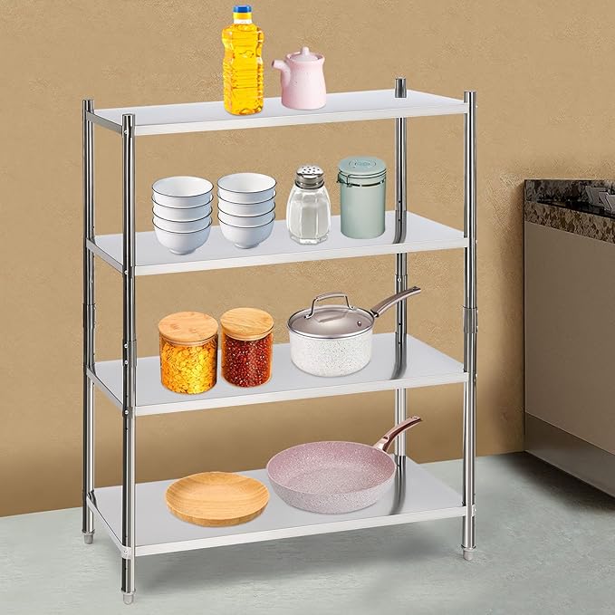 Stainless Steel Shelving 4 Tier Utility Bakers Racks Adjustable Shelf Storage Heavy Duty Shelving for Kitchen Commercial Office Garage Storage Laundry Room Organization (4-Tier 47*18.5*60in)