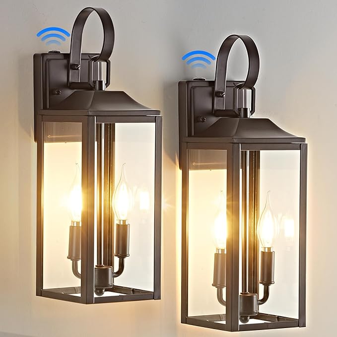 OKELI 17.6 2-Pack Dusk to Dawn Outdoor Lighting Large Exterior Porch Lighting 2-Light Farmhouse Outside Lantern Lights with Clear Glass Waterproof Wall Sconces Lamp for House Garage Brown
