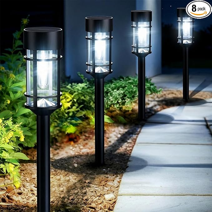 Mancra Solar Pathway Lights Outdoor 8 Pack Metal Glass Solar Lights Outdoor Waterproof Auto On/Off Landscape Path Lighting Garden Decor for Yard Walkway Driveway Cool White