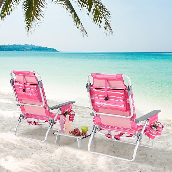 Backpack Beach Chair 5 Position Adjustable Camping Chairs with Aluminum Table Head Pillow Cooler Bag Cup Holders Folding Beach Chairs for Adults (with Table Pink Stripe)