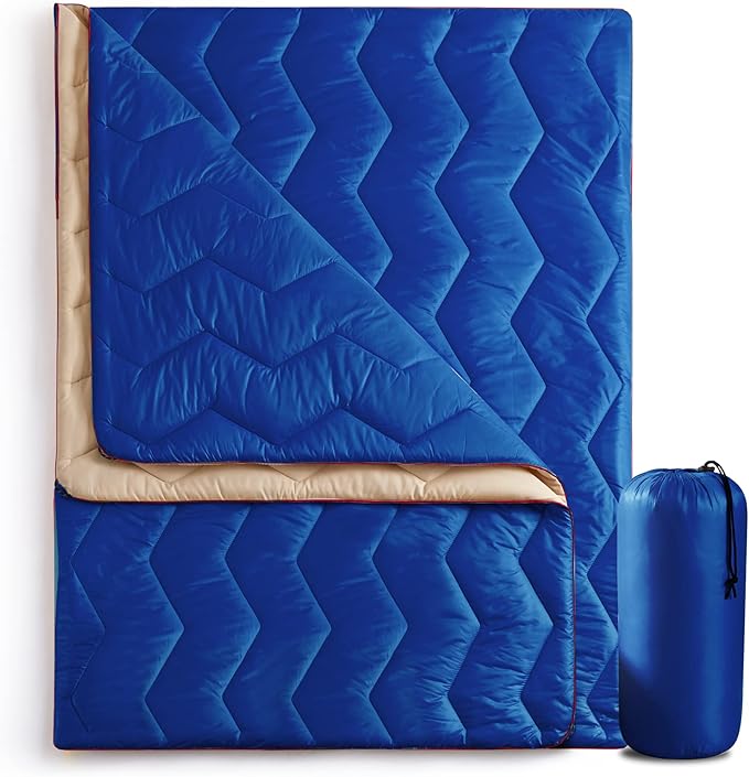 UNIKOME Waterproof Puffy Camping Blanket - Lightweight Packable Outdoor Quilt with Corner Loops Warm Compact Blanket for Cold Weather Hiking Picnic Stadium Travel 75×52 Blue