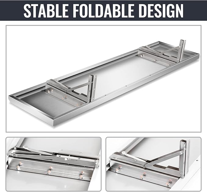 Folding Stainless Steel Concession Shelf for Food Trailers 72 x 12 Space-Saving Drop Down Metal Serving Shelves for Concession Windows