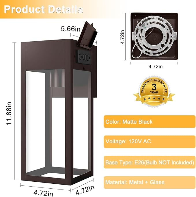 Porch Lights Outdoor Wall Sconce Outdoor Light with GFCI Outlet Waterproof Exterior Wall Lantern Light Fixtures Anti-Rust Wall Lamp for Patio Doorway Garage- Bronze 1 Pack