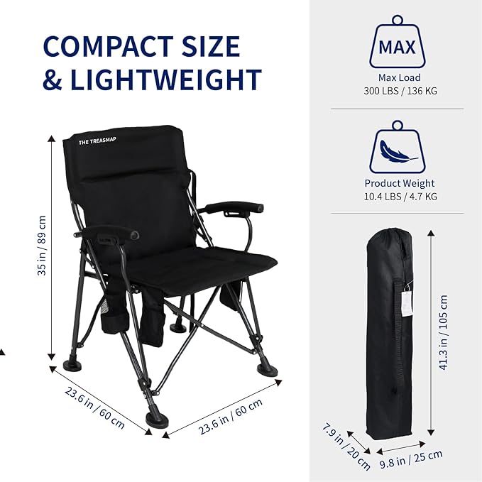 Heated Camping Chairs Adults Folding: Oversized Foldable Outdoor Chair for Outsides with Cup Holder – Heavy Duty Heating Portable Chair Sports Fishing Soccer Lawn Battery NOT Included (Black X Large)