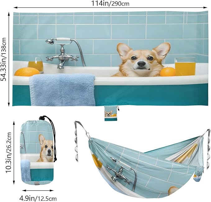 Dog Sitting in Bathtub Hammock 330 lb Capacity Travel Camping Hammock with Tree Straps Portable Lightweight for Outdoor Beach Backpacking Backyard Patio