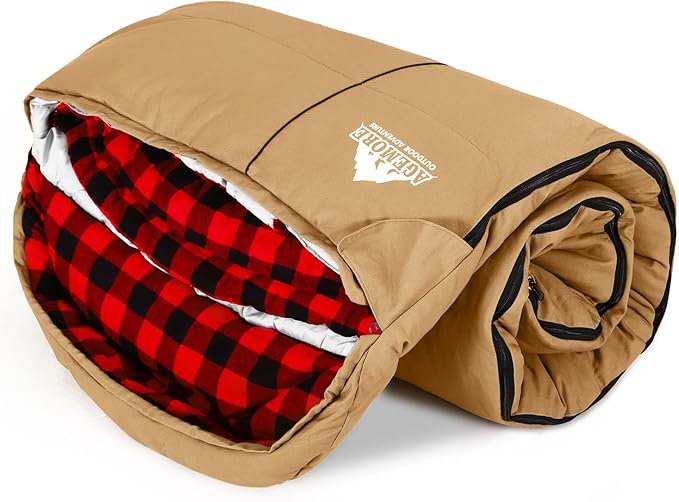 AGEMORE 0 Degree Canvas Sleeping Bag for Adults Cotton Flannel Sleeping Bag for Winter Camping Fishing Hunting or Traveling Durable Cotton Canvas Shell and Removable Flannel Liner