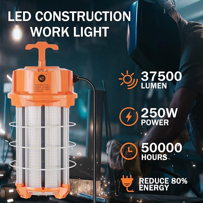 250W LED Temporary Work Light 37500 Lumens Construction Lights 5000K Portable Linkable IP65 High Lumen Super Bright Durable Job Site Lighting with ON/Off Button for Indoor and Outdoor Area Lighting