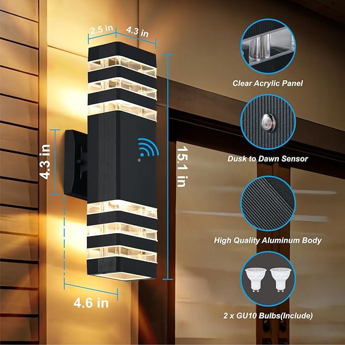 DASTOR Dusk to Dawn Outdoor Wall Lights Modern Exterior Sconce Lighting Fixtures Up and Down Outdoor Porch Lights Aluminum Waterproof Outside Lights for House Porch Garage 2 Pack
