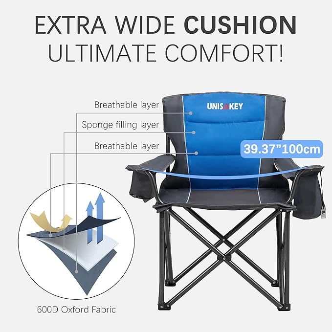 Oversized Folding Camping Chair for Adults - 450lbs Support - Heavy Duty Portable Lawn Chairs with Side Pocket Cup Holder Cooler Bag for Sports Garden Beach Fishing Blue