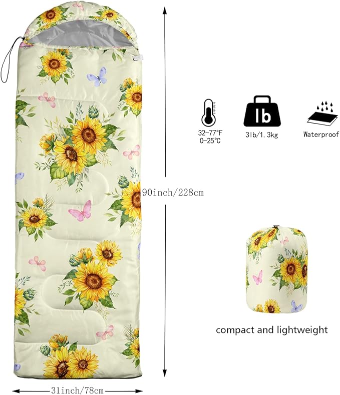 Sunflower Sleeping Bags for Adults KidsYellow Backpacking Camping Sleeping Bag for Girls Boys Lightweight Waterproof Cold/Warm Weather Sleeping Bag for All Season Outdoor Travel with Compression Bags