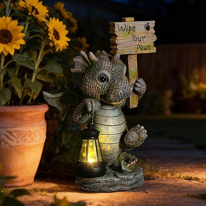 Solar Dragon Garden Statue with Lantern Resin Outdoor Yard Decor Figurine Waterproof Solar Powered Light for Patio Lawn Walkway &amp Front Porch (Dragon)