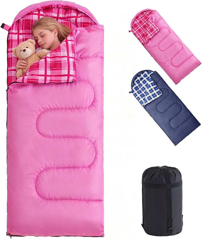 Uniqwamer Kids Sleeping Bag for Girls Boys - 4 Seasons Cold &amp Warm Weather Flannel Camping Sleeping Bags Lightweight &amp Waterproof 45°F Sleeping Bag for Camping Hiking Outdoor Travel
