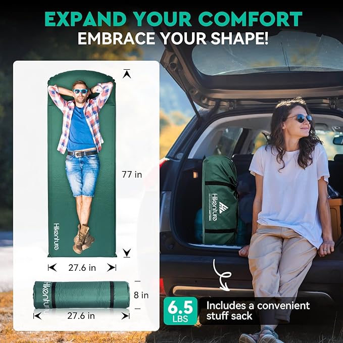 Hikenture Self Inflating Sleeping Pad for Camping 3'' Ultra Thick Camping Pad with Pillow 9.5 R-Value Insulated Camping Mattress 4-Season Inflatable Foam Camping Mat for Car Tent Cot