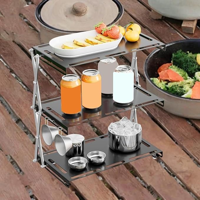 Camping Foldable Storage Rack Outdoor Tabletop Camping Stand Portable Easy to Install Cookware Storage Rack for Barbecue Three Layers